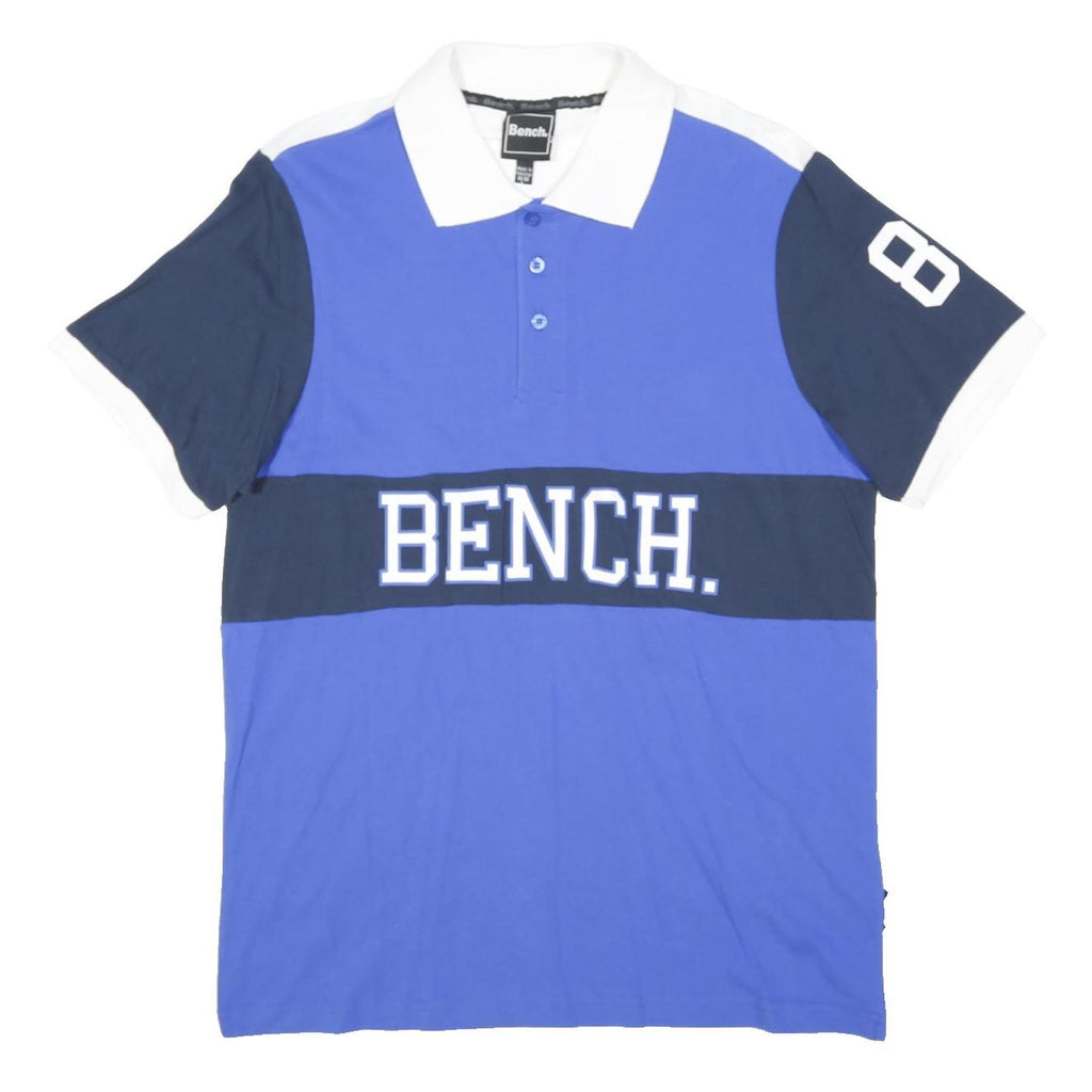 BENCH Mens Blue & Navy Polo Shirt L Cotton Blend Short Sleeve Number 8