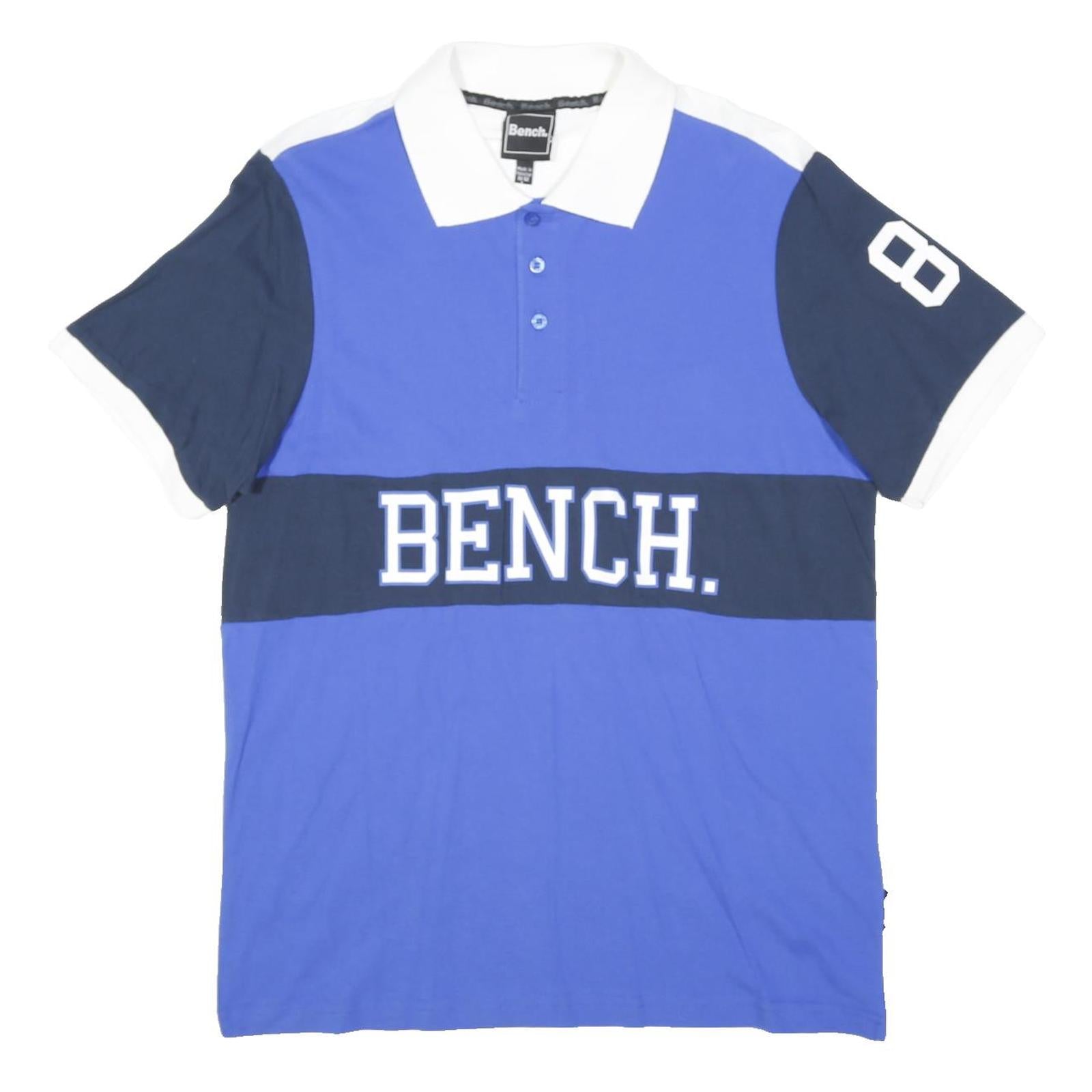 BENCH Mens Blue & Navy Polo Shirt L Cotton Blend Short Sleeve Number 8