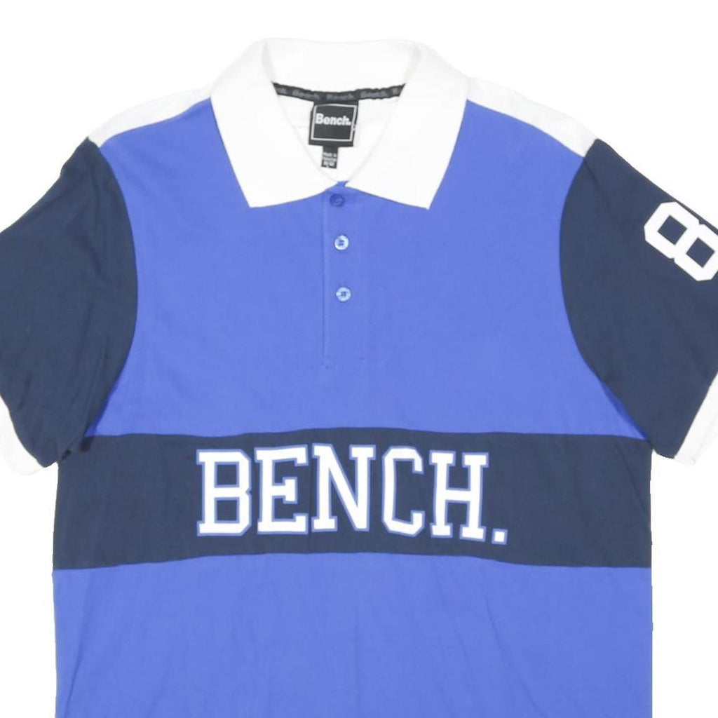 BENCH Mens Blue & Navy Polo Shirt L Cotton Blend Short Sleeve Number 8