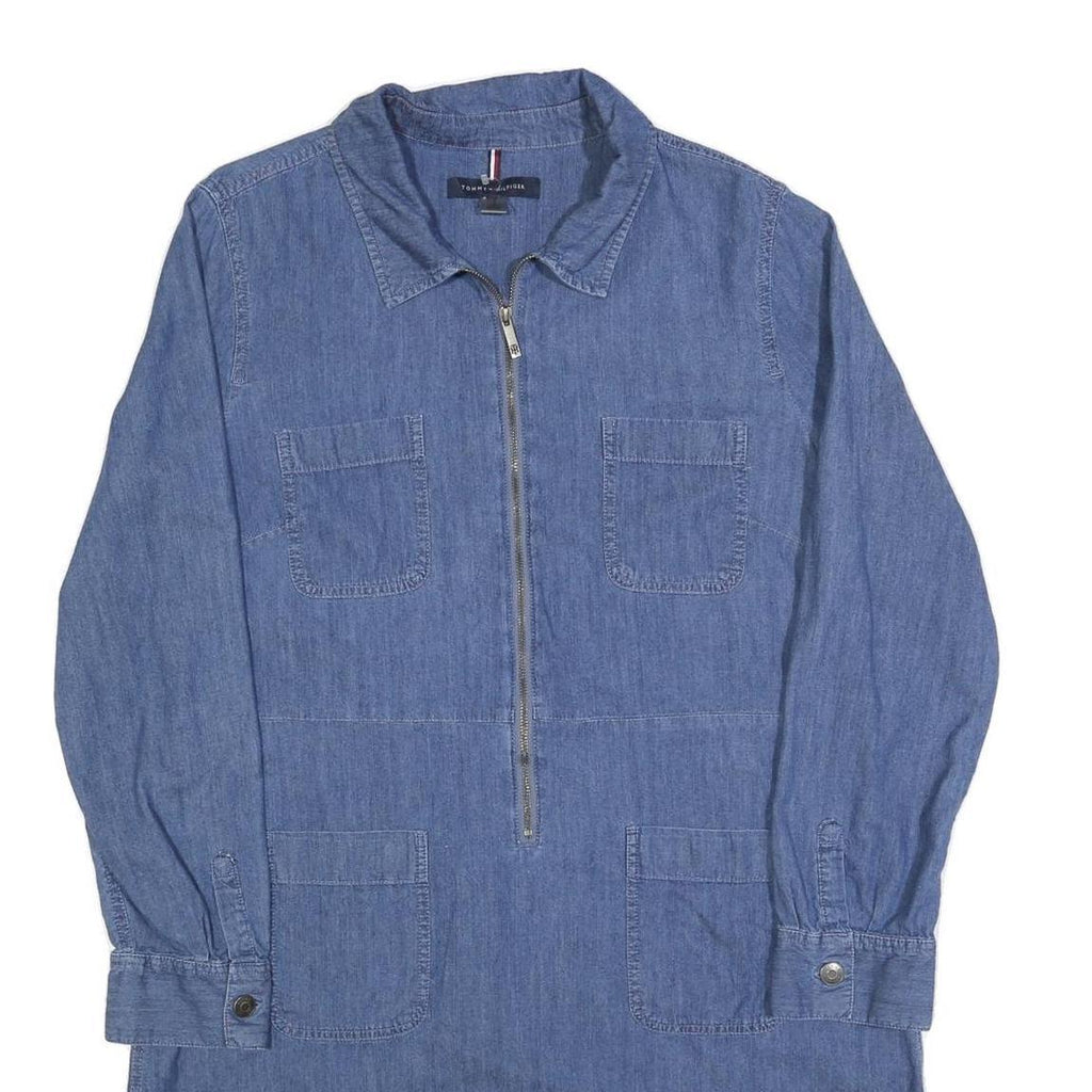 TOMMY HILFIGER Womens Blue Denim Day Dress Cotton Blend Long Sleeve L Zip Collar