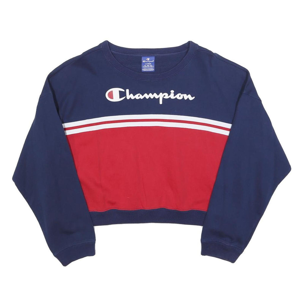CHAMPION Womens Blue & Red Crew Neck L Cropped Sleeve Stripe Sweatshirt