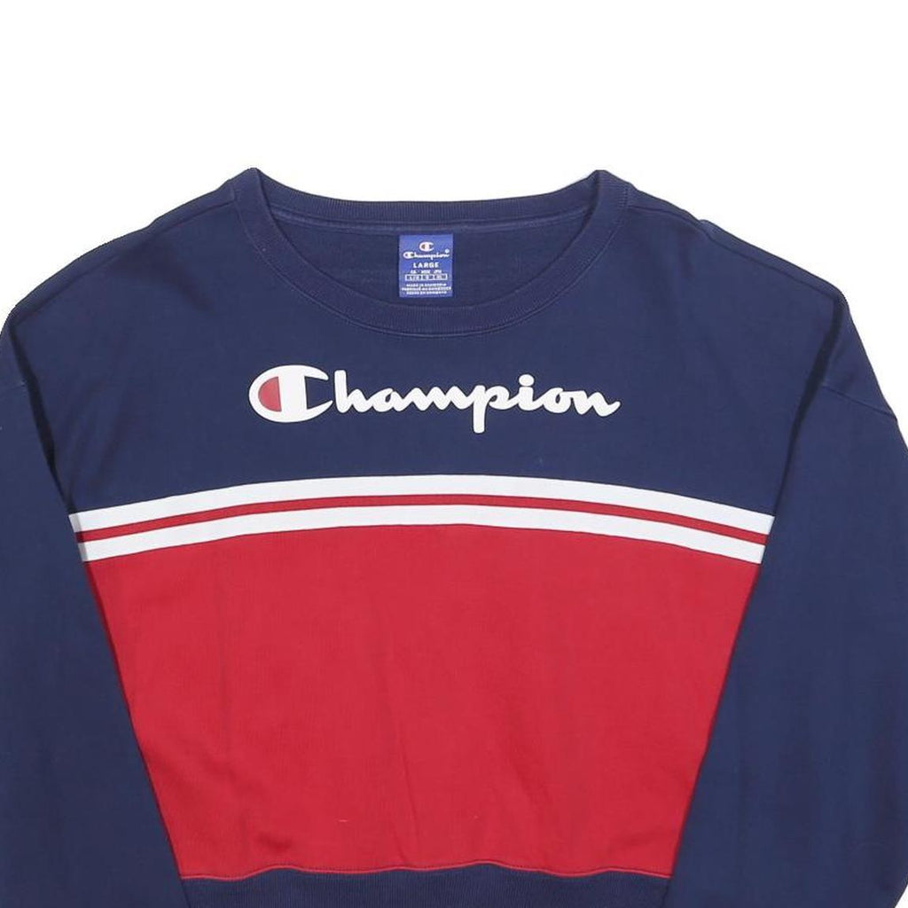 CHAMPION Womens Blue & Red Crew Neck L Cropped Sleeve Stripe Sweatshirt