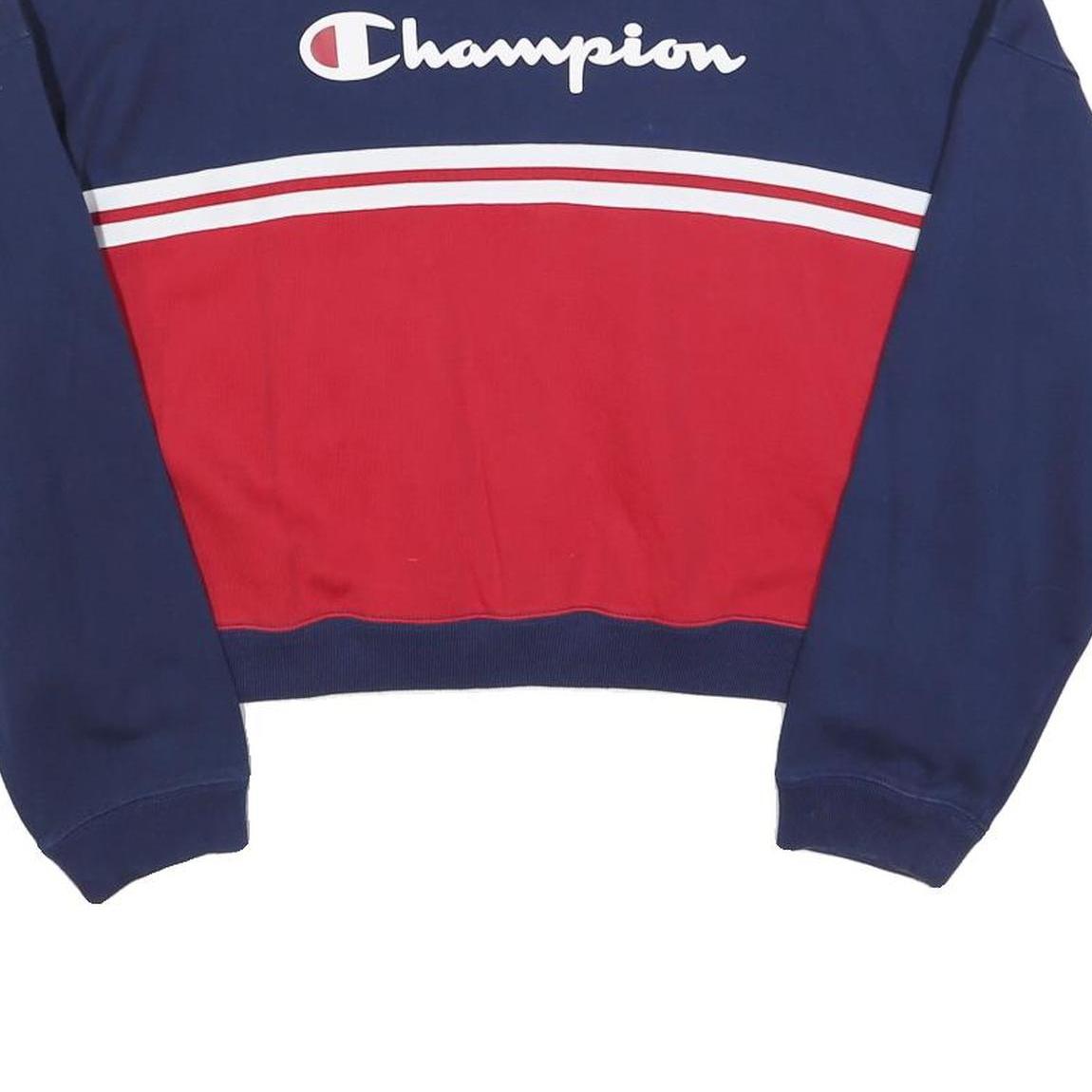 CHAMPION Womens Blue & Red Crew Neck L Cropped Sleeve Stripe Sweatshirt