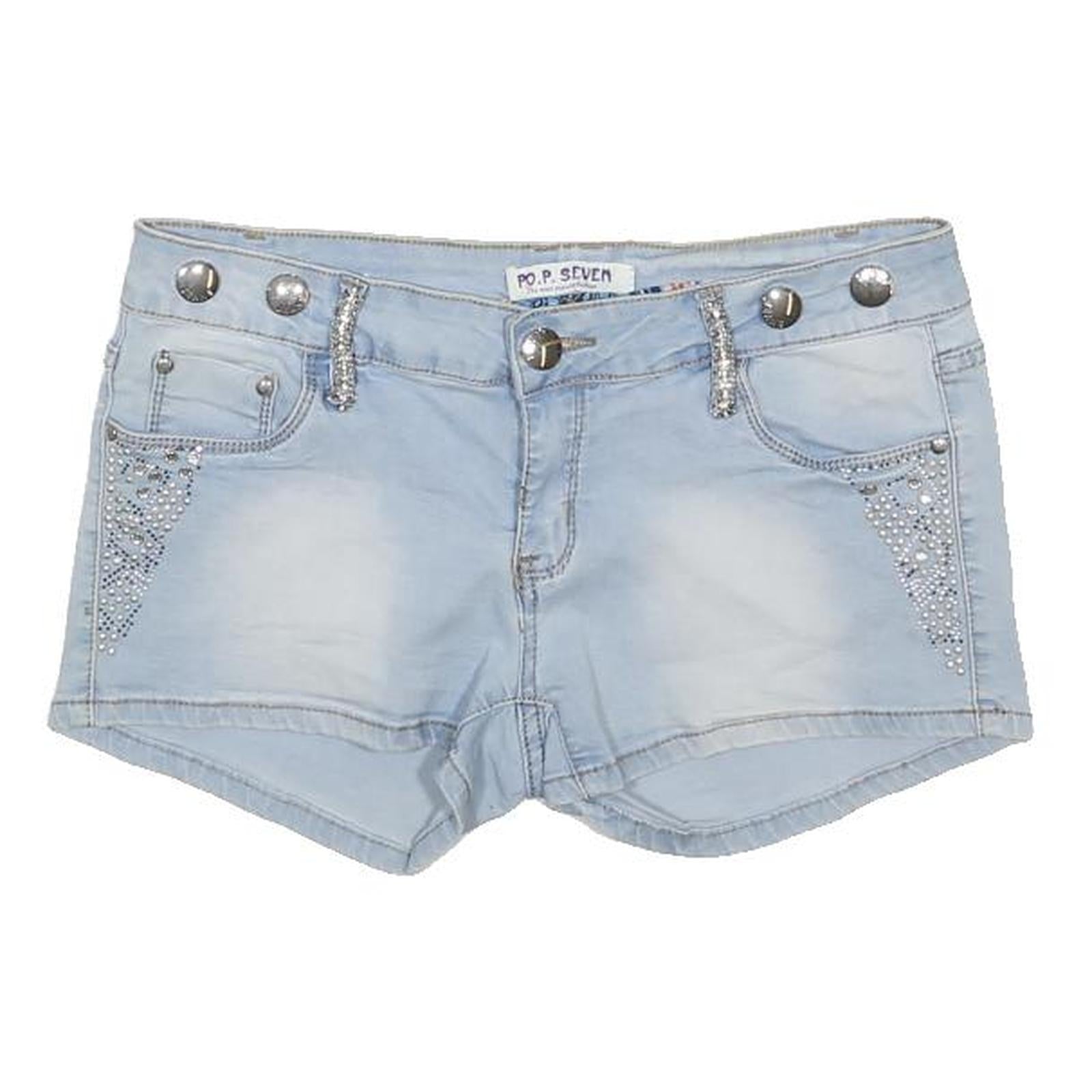 P.O.P SEVEN Womens Shorts Blue Casual M W30 Rhinestone Embellished Cotton Blend