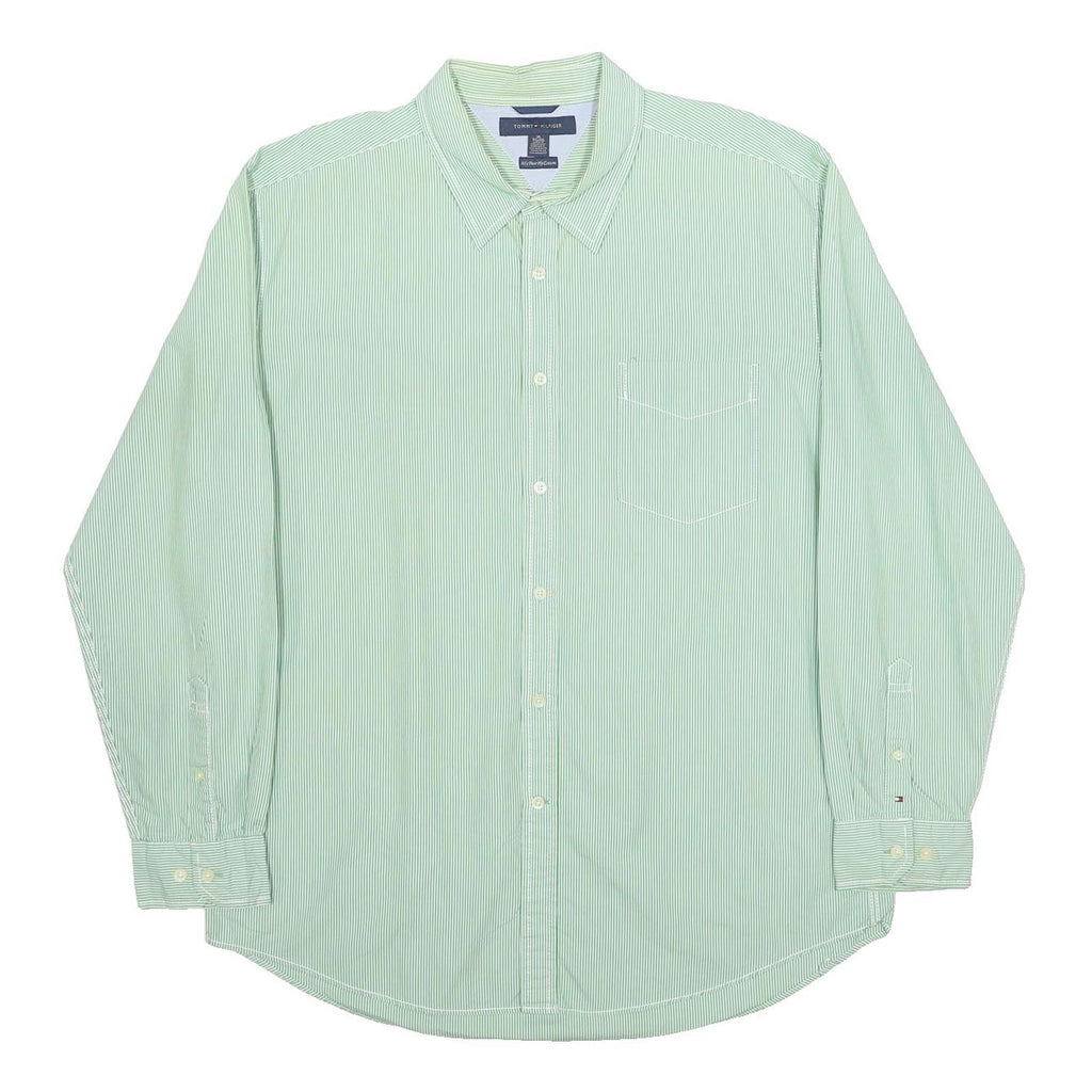 TOMMY HILFIGER Mens Green & White Striped Cotton Shirt XL Classic Button Down