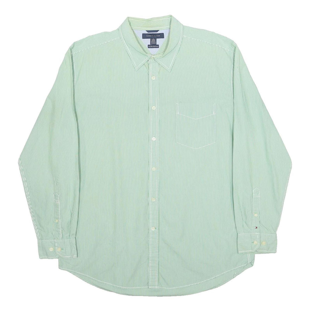 TOMMY HILFIGER Mens Green & White Striped Cotton Shirt XL Classic Button Down