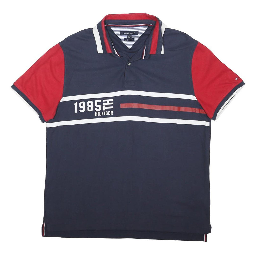 TOMMY HILFIGER Mens Navy & Red Cotton Blend Polo Shirt L Logo Print 1985