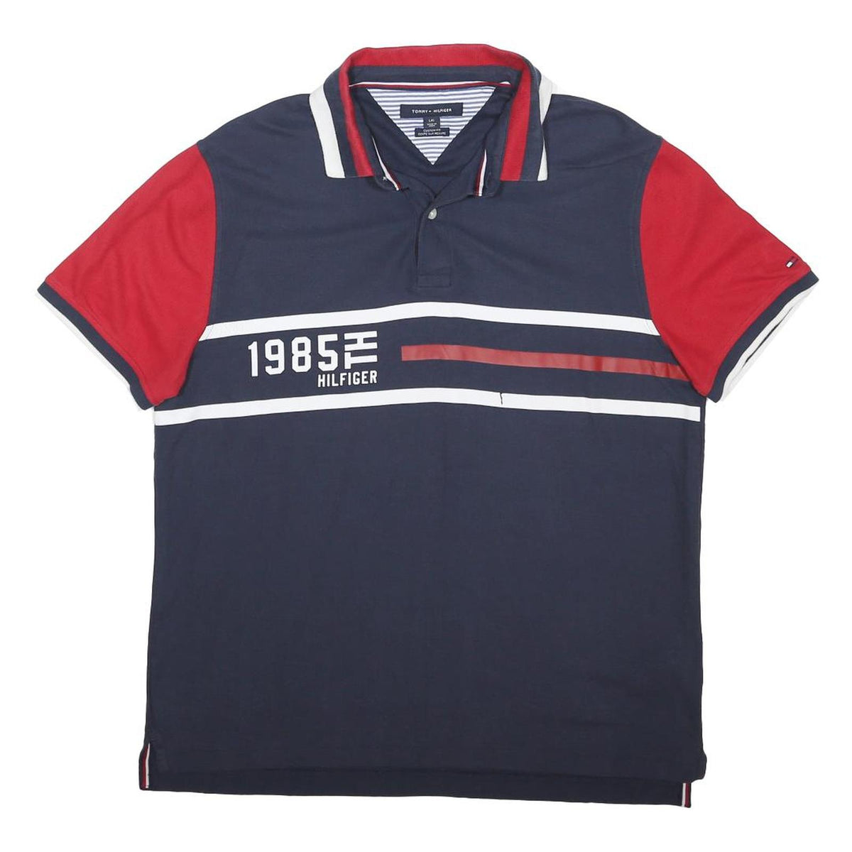 TOMMY HILFIGER Mens Navy & Red Cotton Blend Polo Shirt L Logo Print 1985