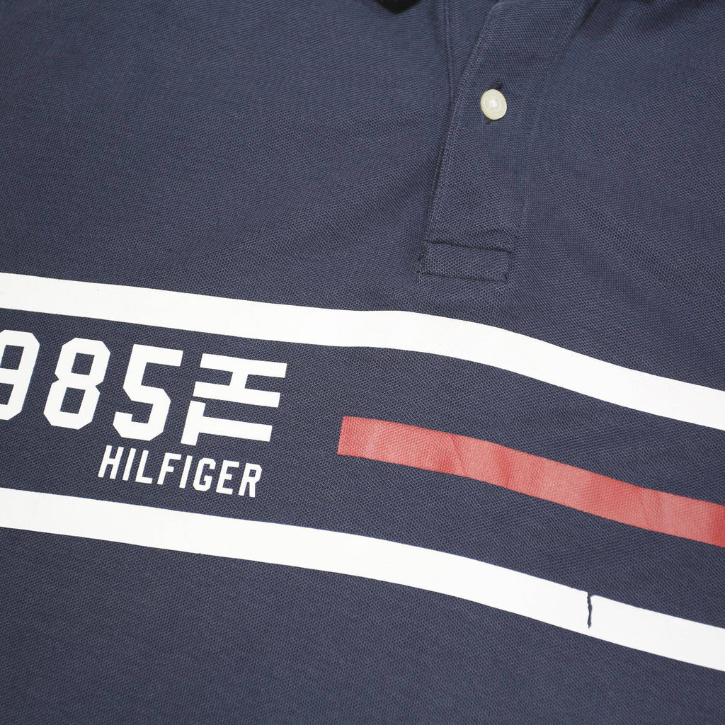 TOMMY HILFIGER Mens Navy & Red Cotton Blend Polo Shirt L Logo Print 1985