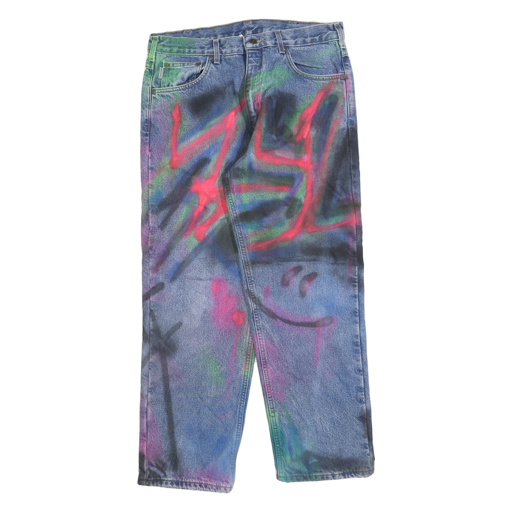 CARHARTT Mens Cotton Blend Blue Spray Paint Relaxed Straight Trousers W34 L30