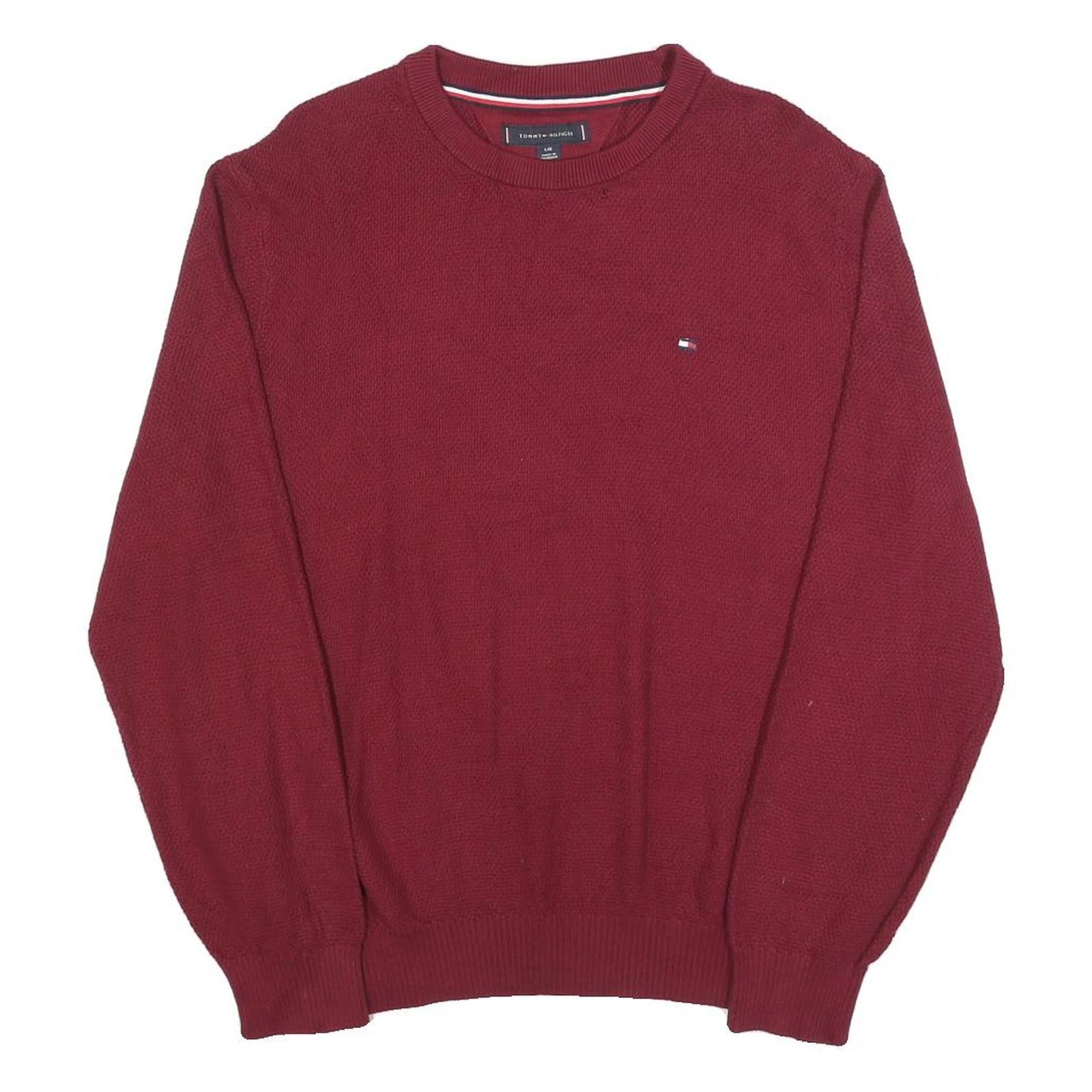 TOMMY HILFIGER Mens Maroon Plain Cotton Blend Regular Fit Crew Neck Jumper L