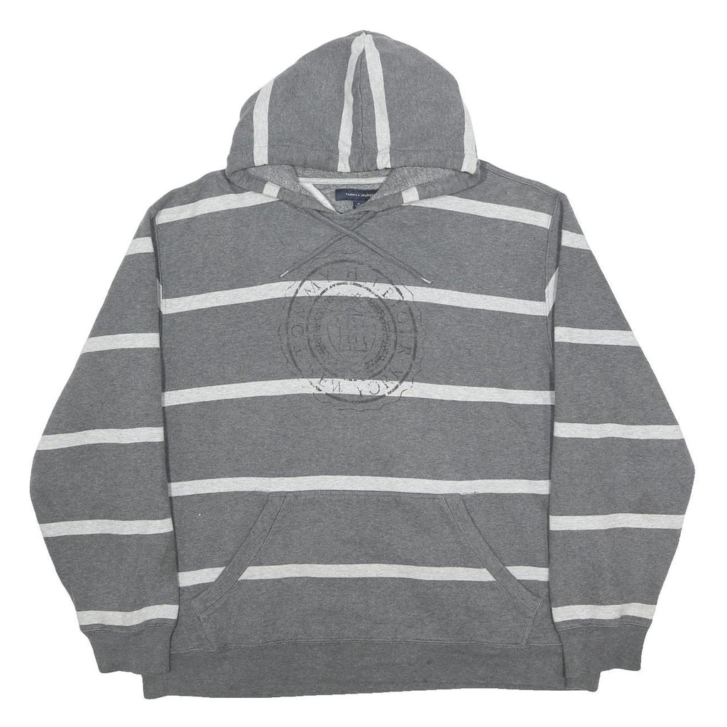 TOMMY HILFIGER Mens Grey & White Striped Hoodie Pullover XL Cotton Blend Casual