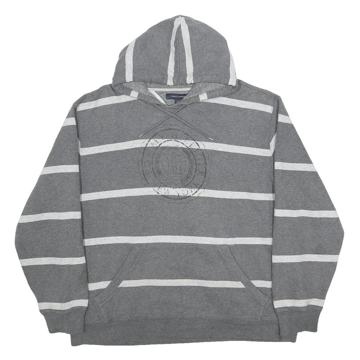 TOMMY HILFIGER Mens Grey & White Striped Hoodie Pullover XL Cotton Blend Casual