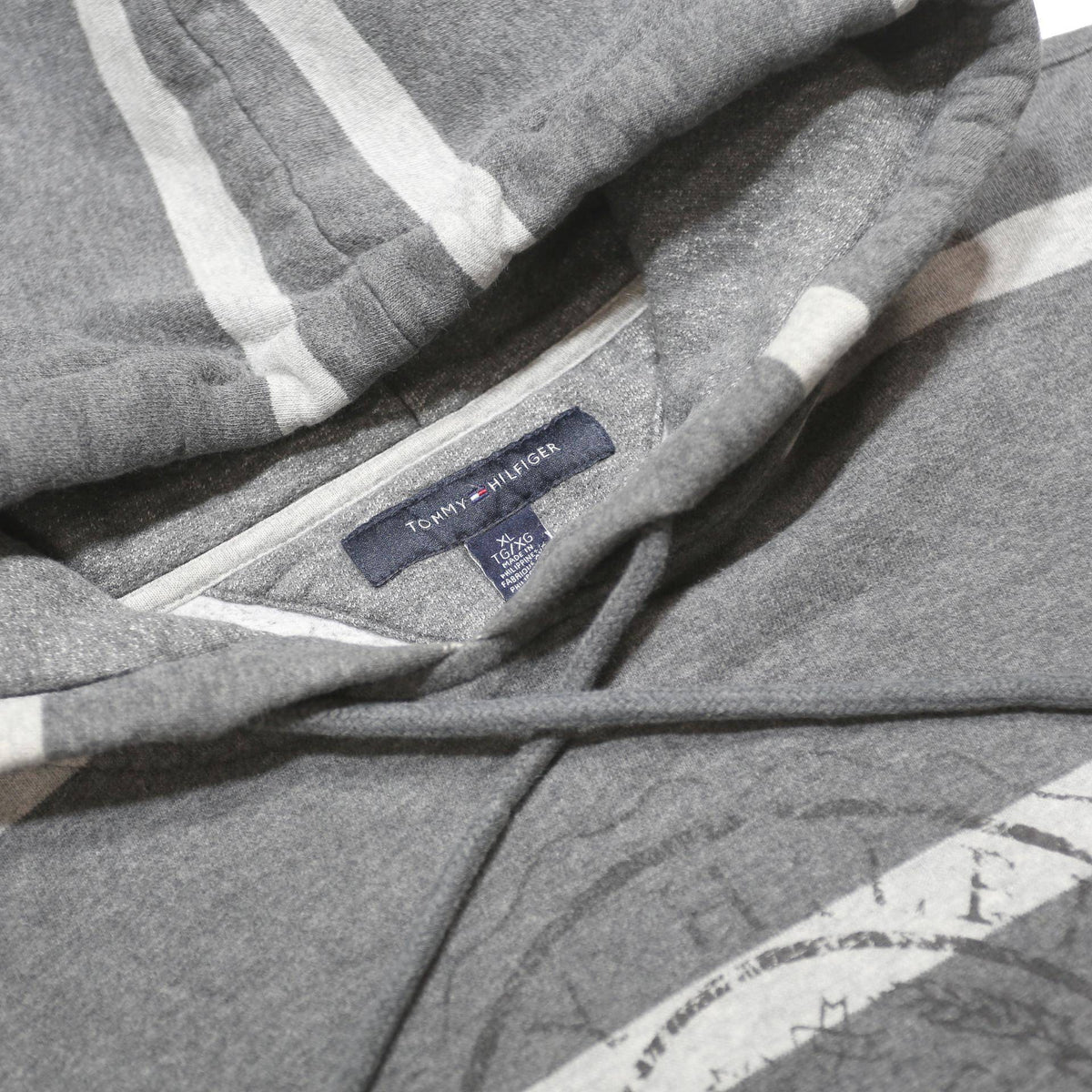 TOMMY HILFIGER Mens Grey & White Striped Hoodie Pullover XL Cotton Blend Casual