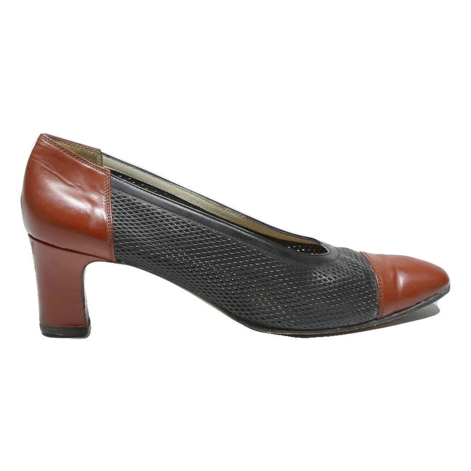 BALLY Womens Leather Block Heel Shoes Black & Brown UK 5 Classic Smart