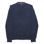 TOMMY HILFIGER Mens Navy Blue Plain Cotton Jumper Crew Neck Basic Knit M