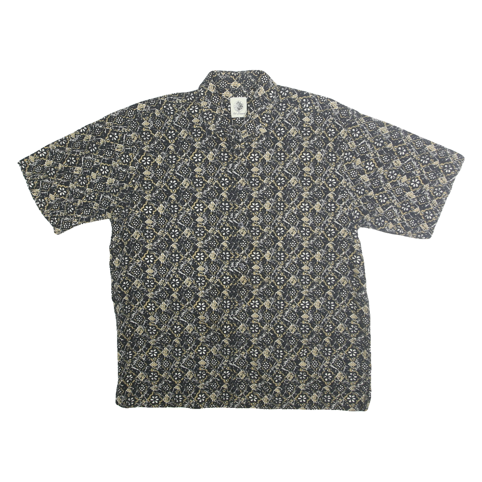 V4 CLASSIC Mens Black & Beige Patterned Shirt Cotton L Casual Summer Short