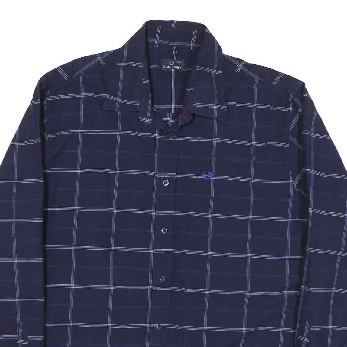 FRED PERRY Mens Blue Shirt XL Cotton Blend Checked Long Sleeve Button Down