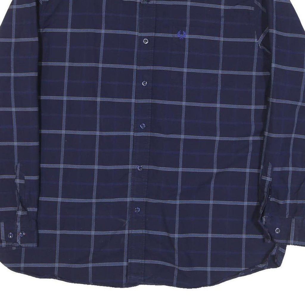 FRED PERRY Mens Blue Shirt XL Cotton Blend Checked Long Sleeve Button Down