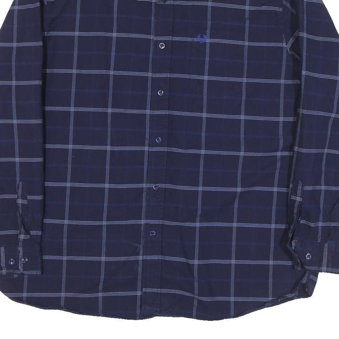 FRED PERRY Mens Blue Shirt XL Cotton Blend Checked Long Sleeve Button Down