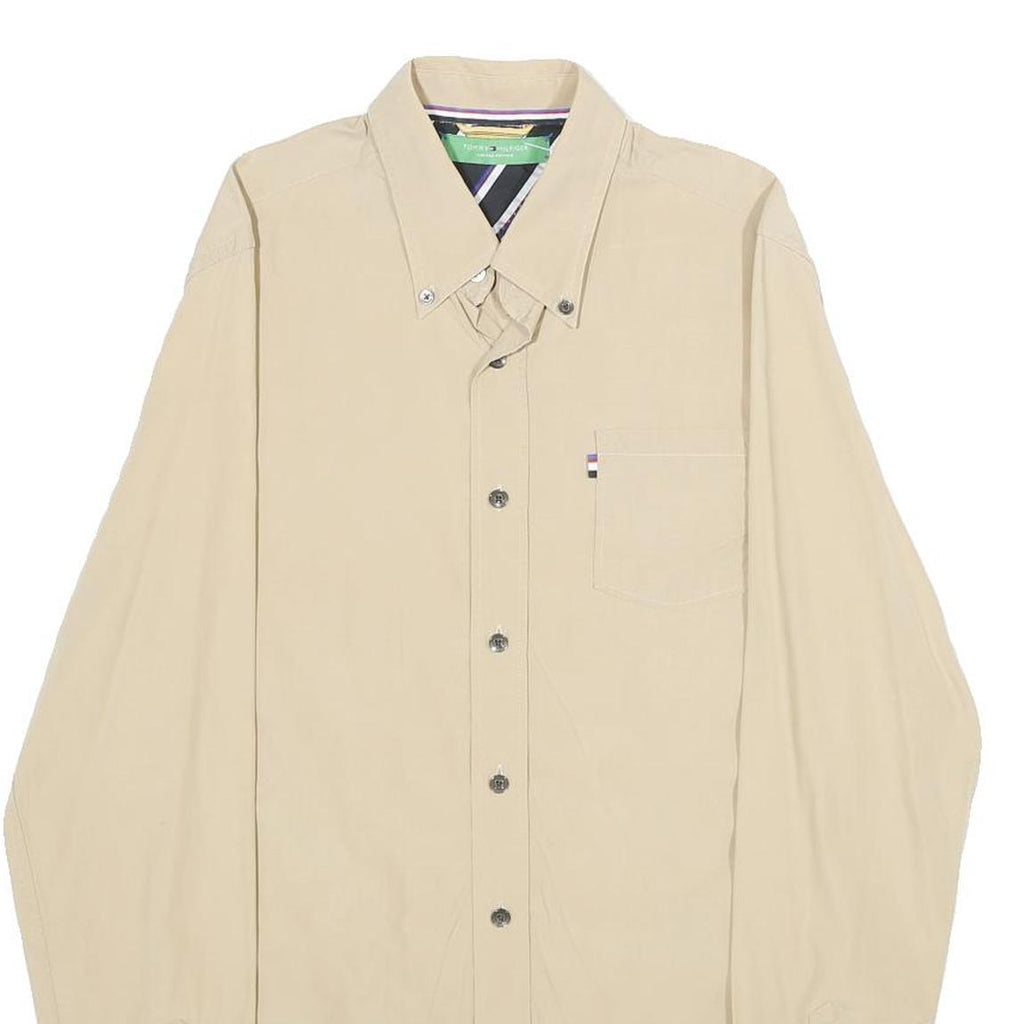 TOMMY HILFIGER Mens Beige Button Down Shirt S Classic Cotton Plain Long Sleeve