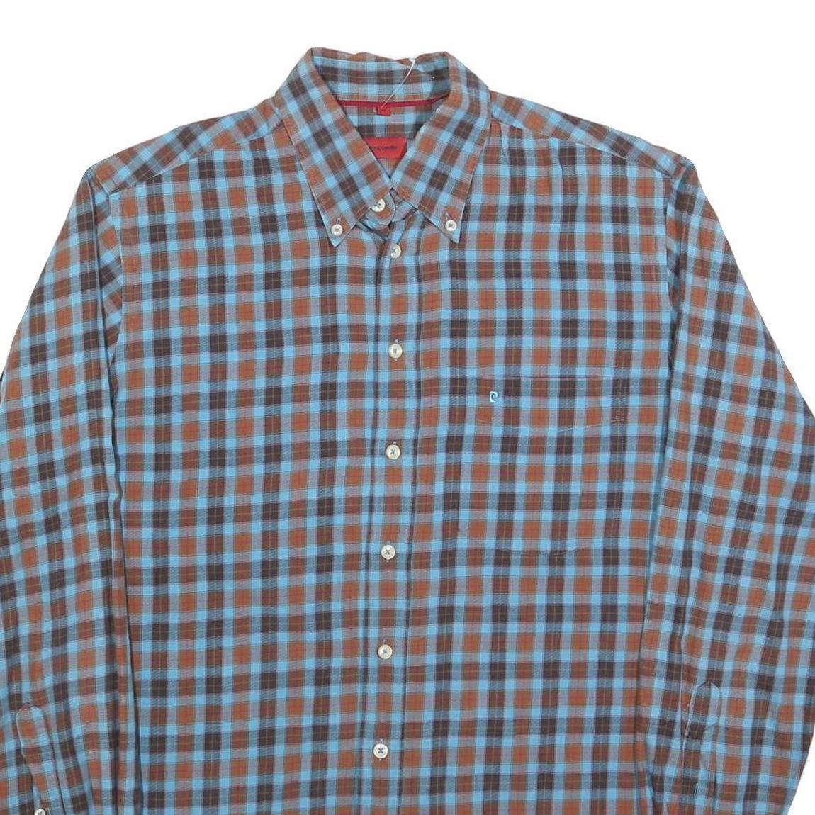 PIERRE CARDIN Mens Blue & Brown Check Shirt M Button Down Collar Casual Cotton