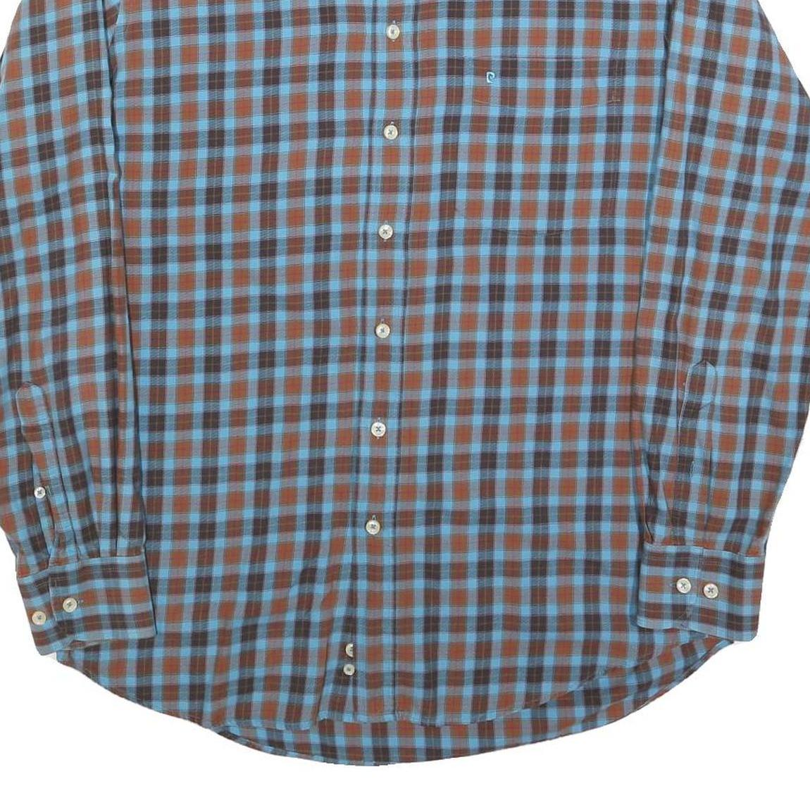 PIERRE CARDIN Mens Blue & Brown Check Shirt M Button Down Collar Casual Cotton