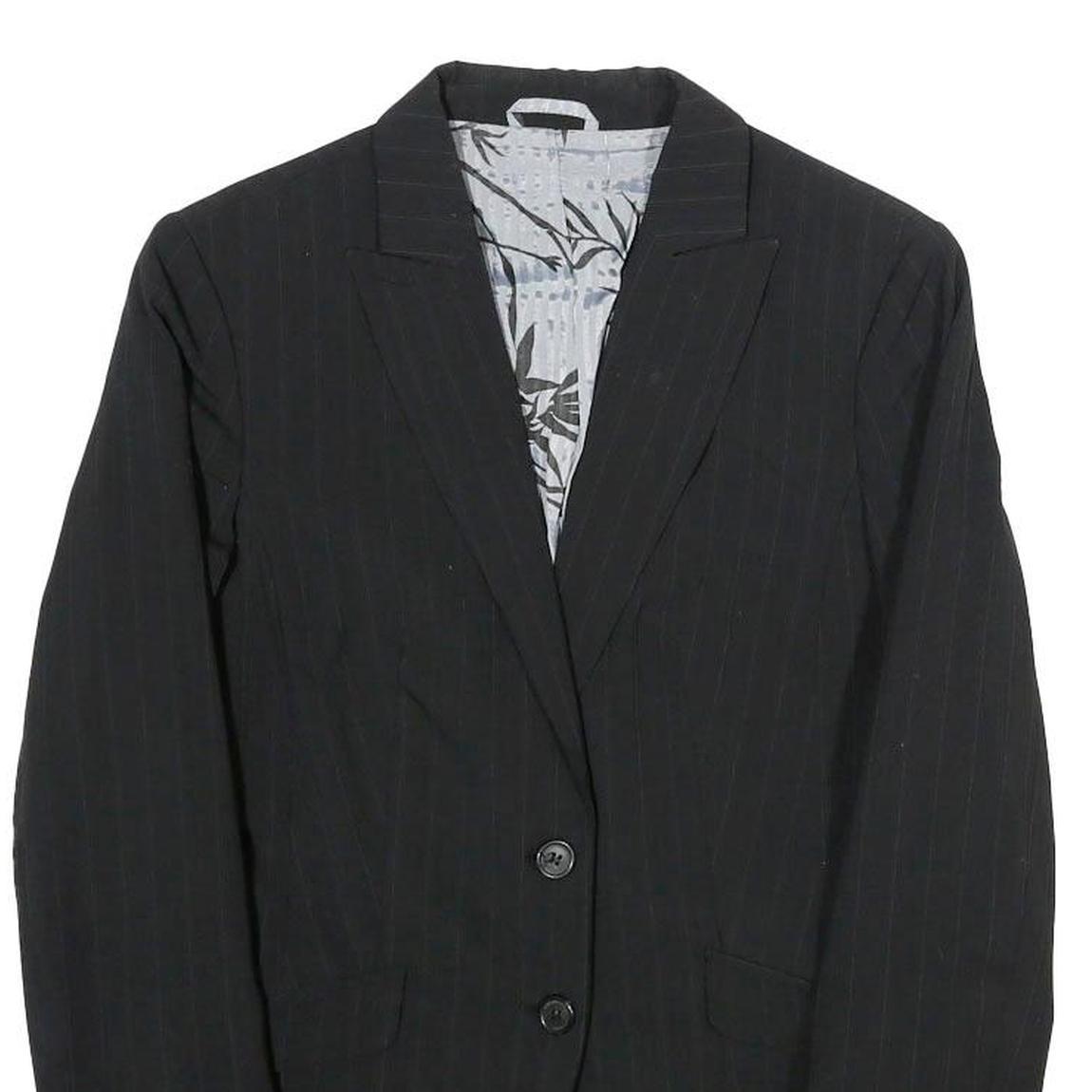 BENETTON Womens Black Pinstripe Blazer Jacket XS Polyester Blend Button Closure