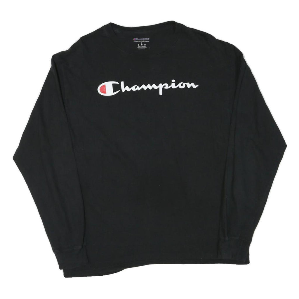 CHAMPION Mens Black Graphic T-Shirt L Long Sleeve Crew Neck Cotton Blend