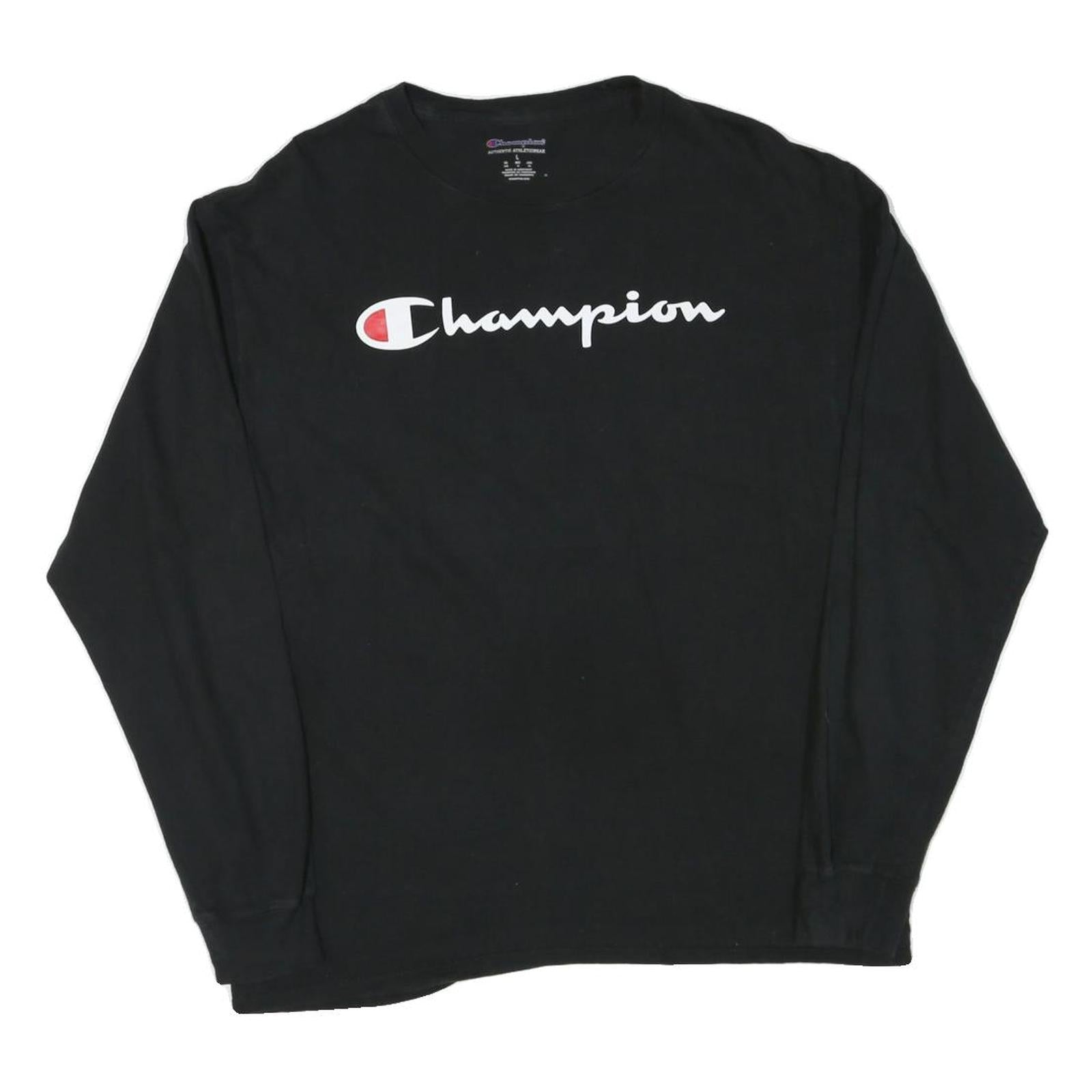 CHAMPION Mens Black Graphic T-Shirt L Long Sleeve Crew Neck Cotton Blend
