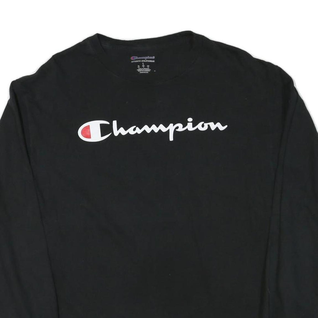 CHAMPION Mens Black Graphic T-Shirt L Long Sleeve Crew Neck Cotton Blend