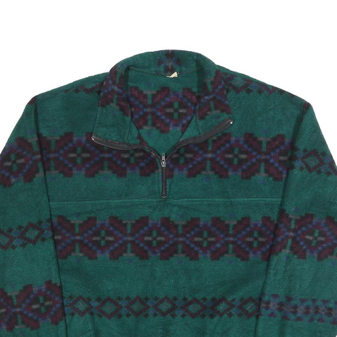 Womens Green Patterned Pullover Jumper Zip Neck Size L Polyester Cozy Casual