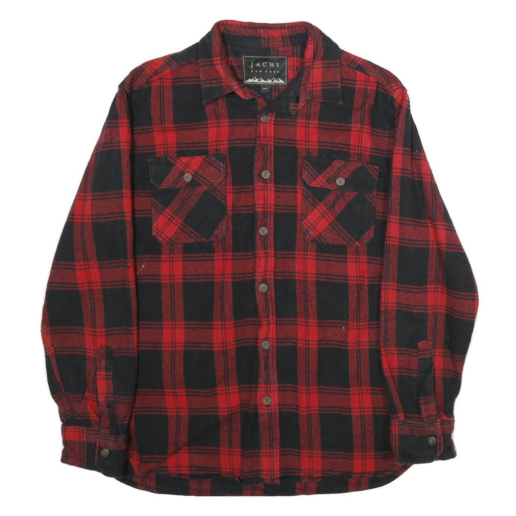 JACHS Mens Red & Black Check Shirt L Button-Down Long Sleeve Cotton Flannel
