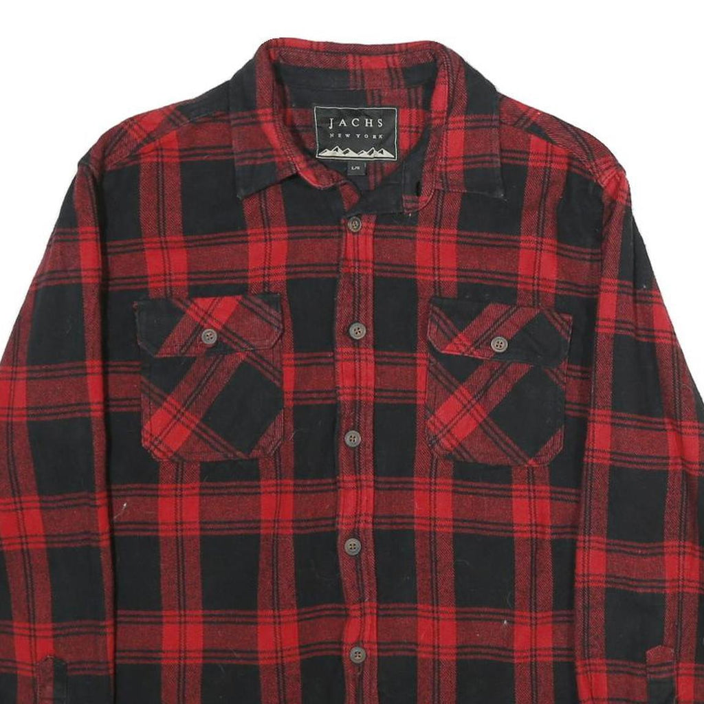 JACHS Mens Red & Black Check Shirt L Button-Down Long Sleeve Cotton Flannel