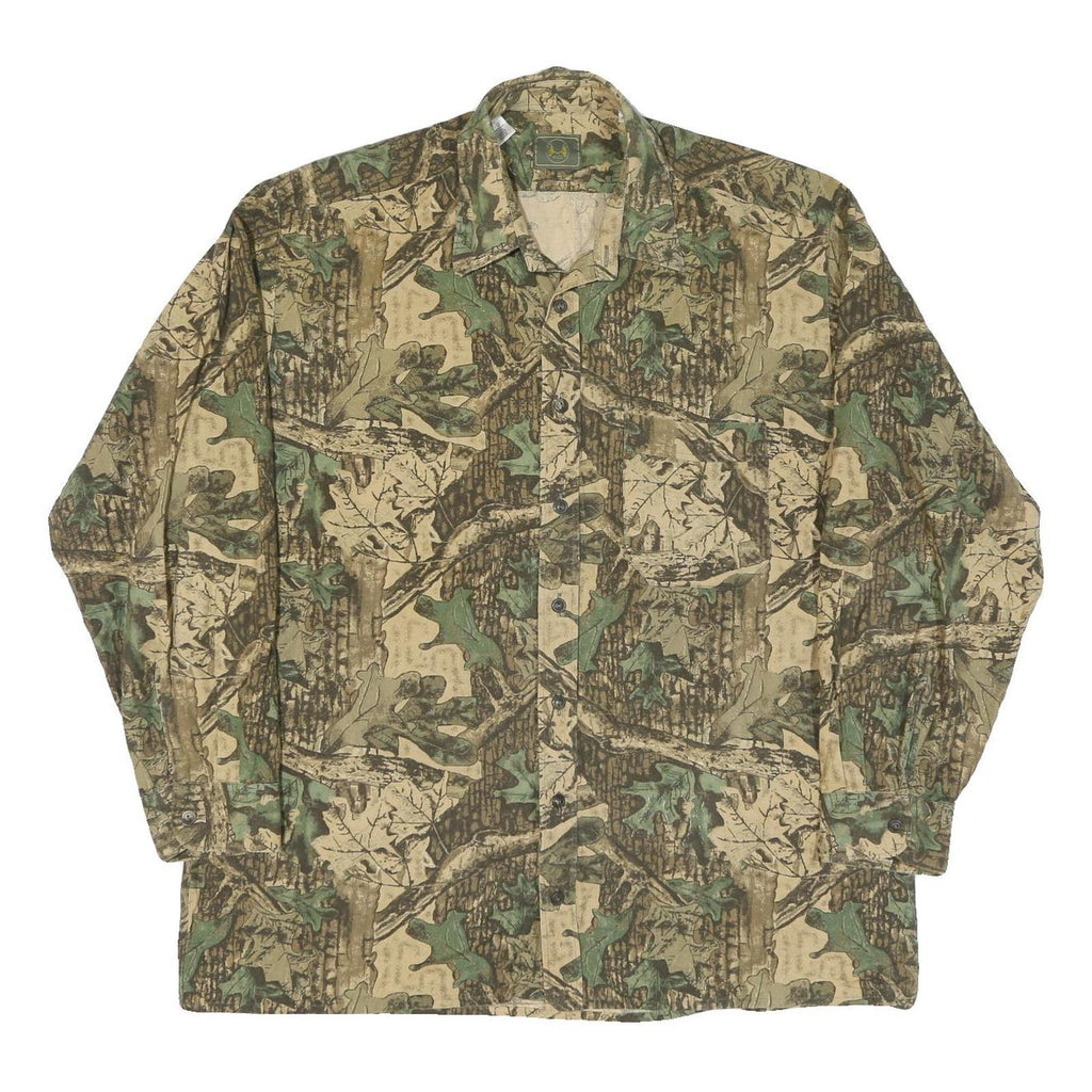Mens Beige & Green Cotton Camouflage Shirt XL Long Sleeve Button-Up Casual