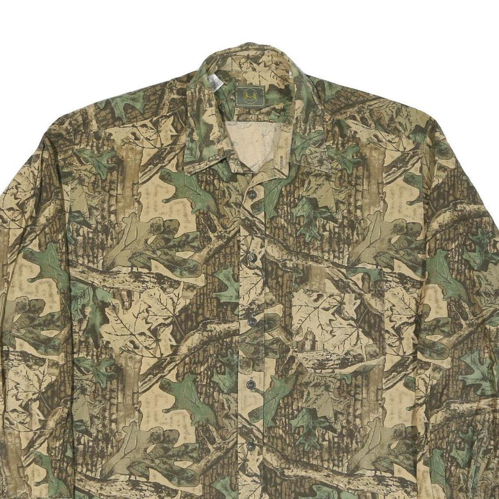 Mens Beige & Green Cotton Camouflage Shirt XL Long Sleeve Button-Up Casual