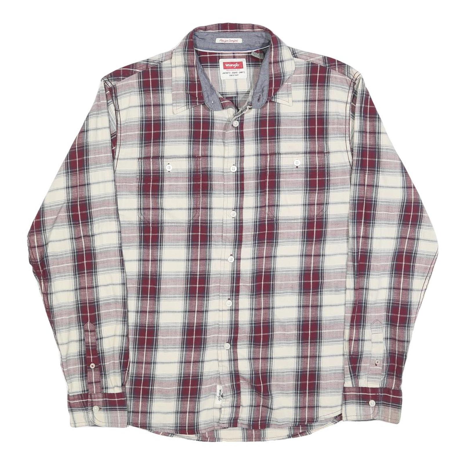 WRANGLER Mens Red & White Plaid Cotton Blend Shirt L Long Sleeve Checked Button