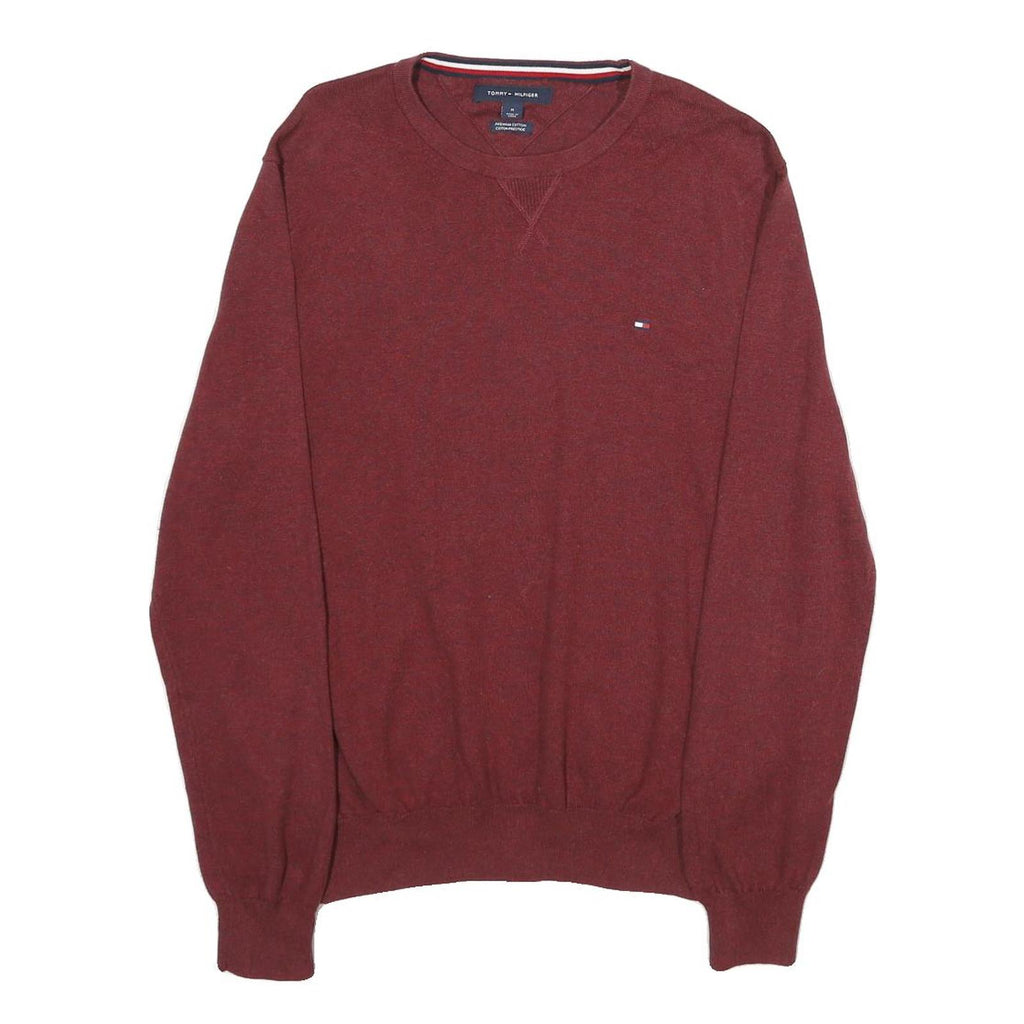 TOMMY HILFIGER Mens Maroon Plain Cotton Pullover Crew Neck Basic Knit M Sweater