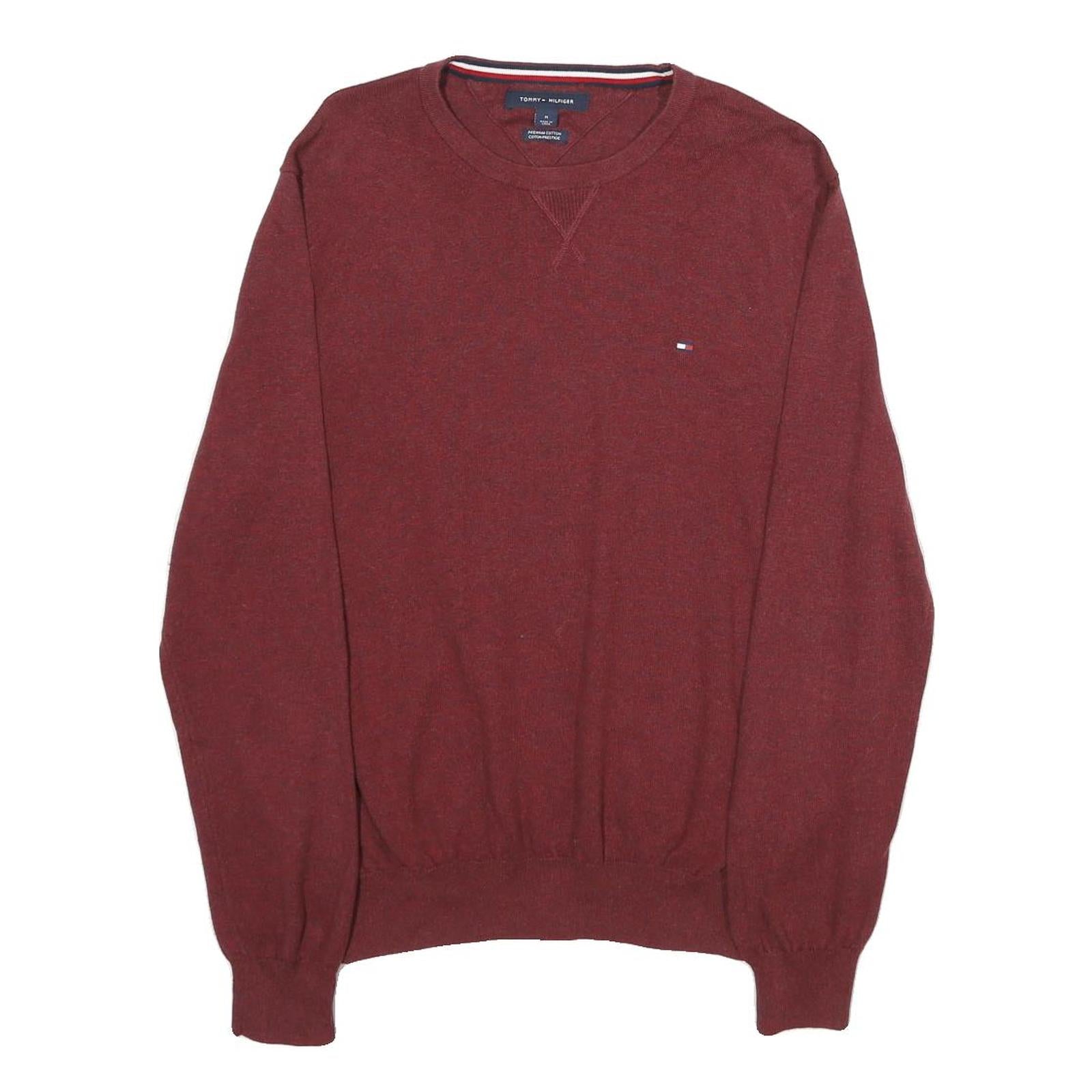TOMMY HILFIGER Mens Maroon Plain Cotton Pullover Crew Neck Basic Knit M Sweater