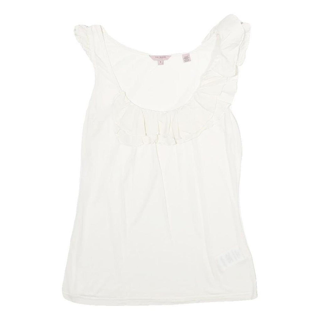 TED BAKER Womens White Ruffle Detail Sleeveless Round Neck Top M Elegant