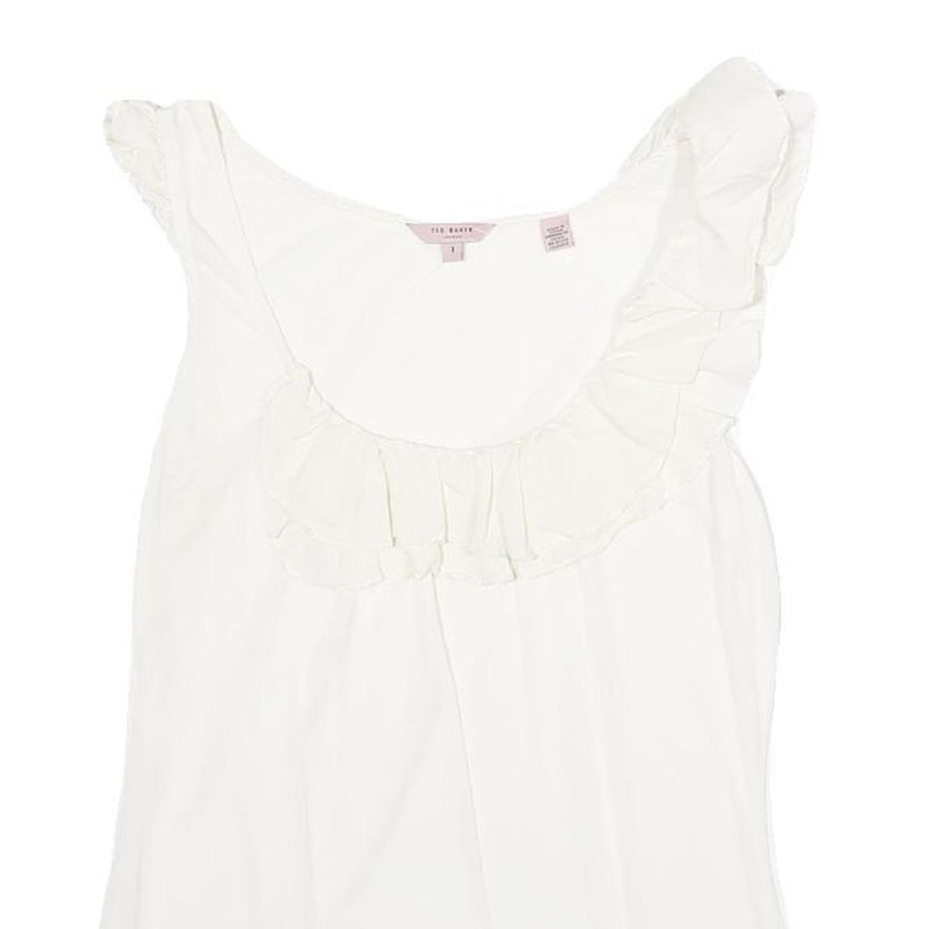 TED BAKER Womens White Ruffle Detail Sleeveless Round Neck Top M Elegant