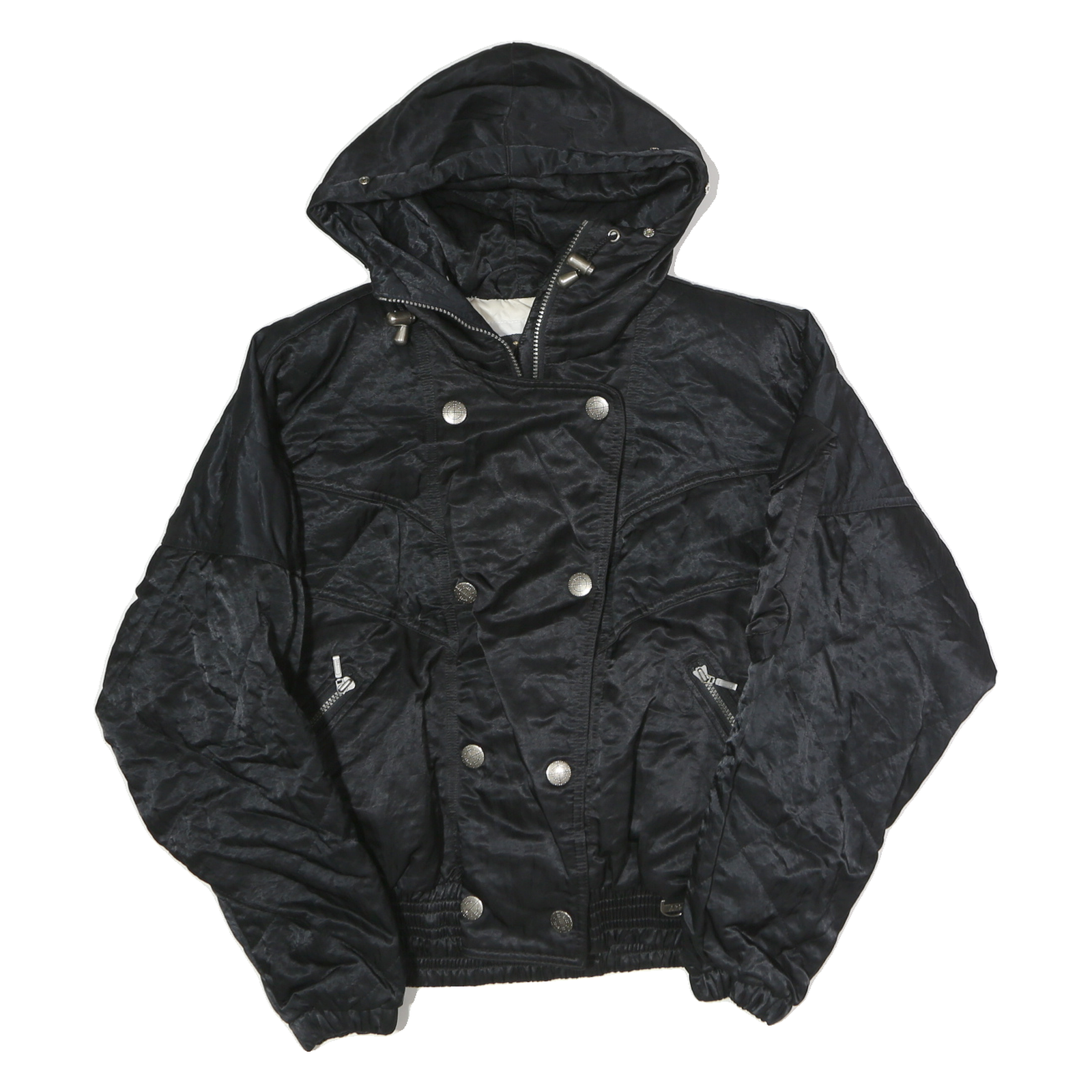 NILS Womens Black Hooded Zip Jacket M Polyester Quilted Elastic Hem