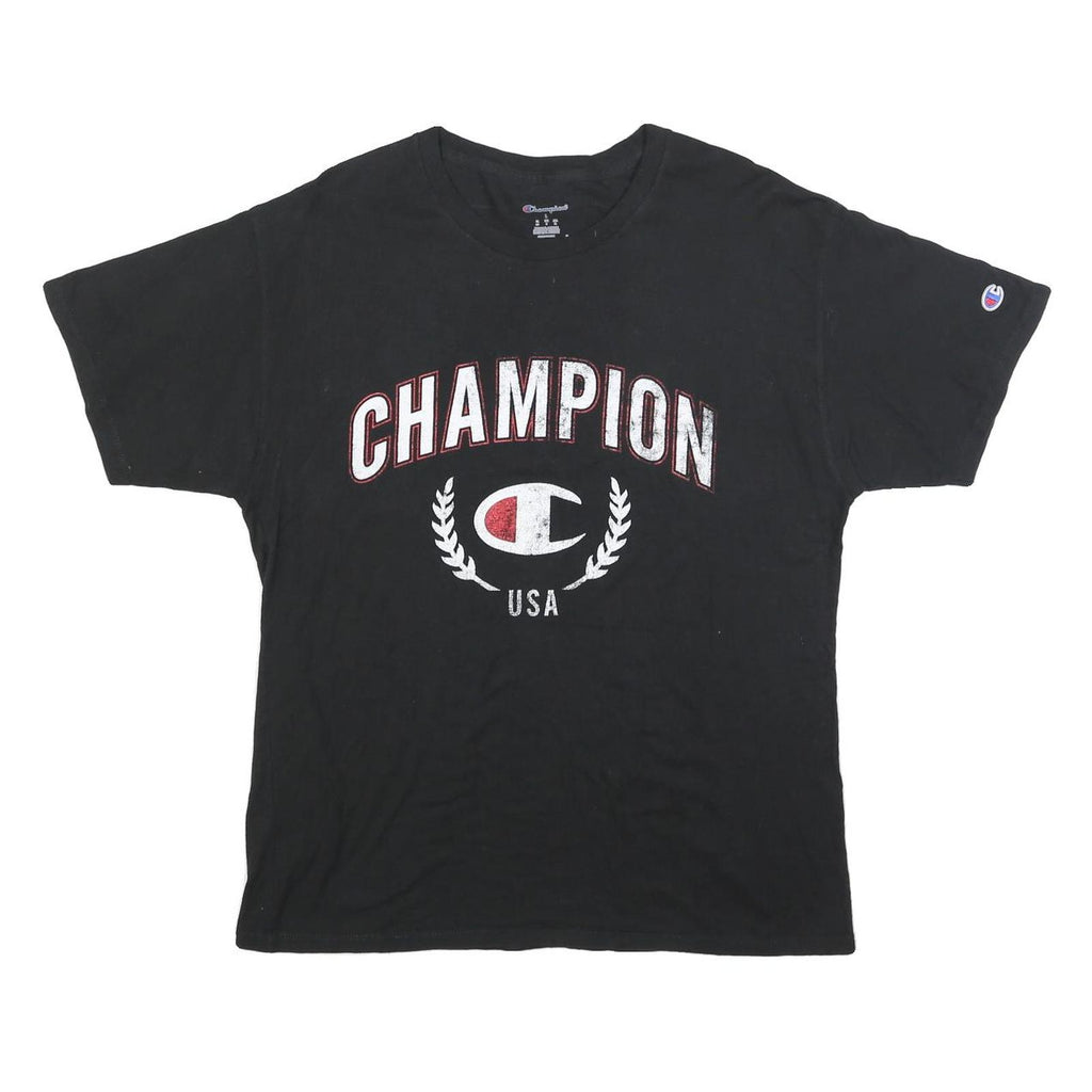 CHAMPION Mens Black Graphic T-Shirt L Short Sleeve Crew Neck Cotton Blend Casual