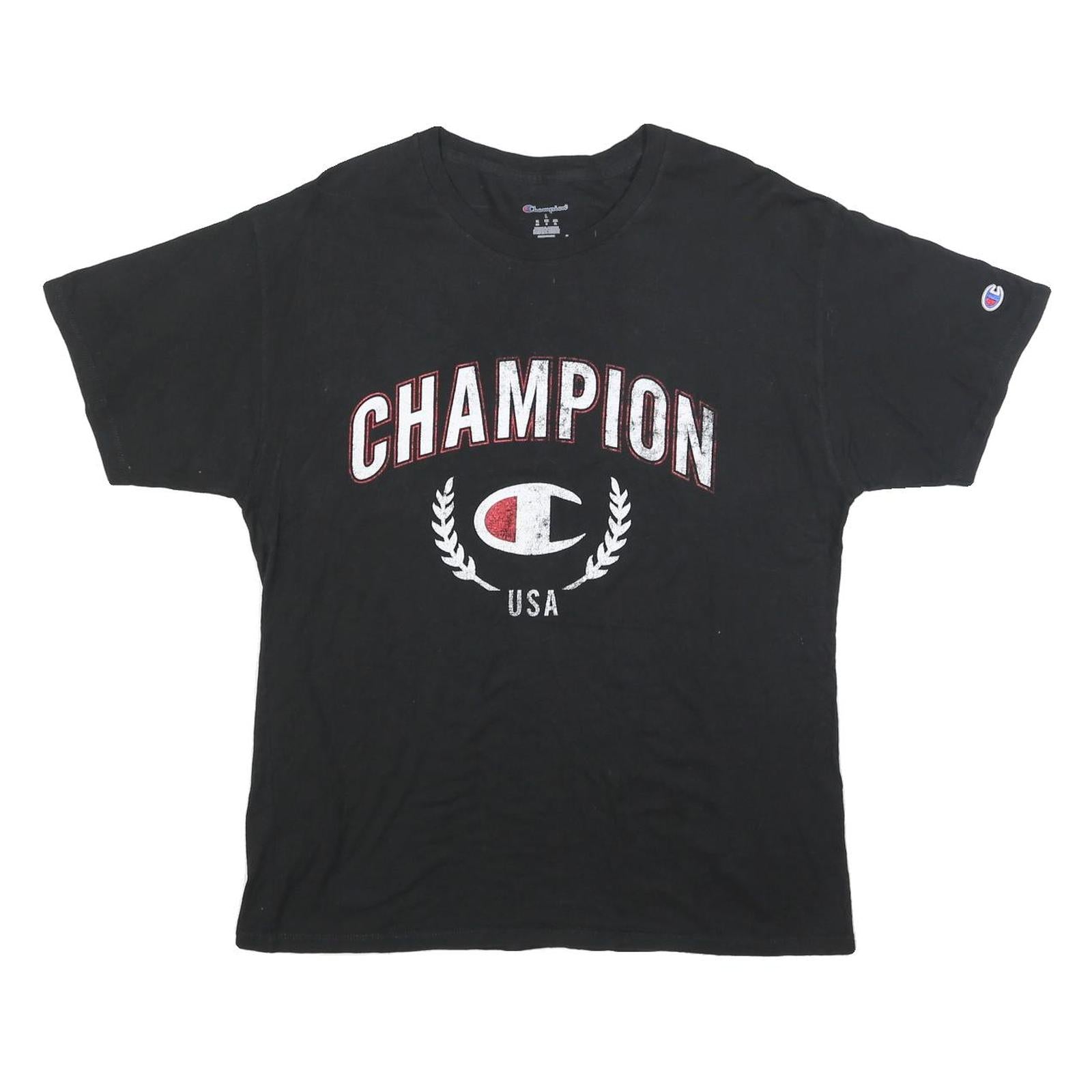 CHAMPION Mens Black Graphic T-Shirt L Short Sleeve Crew Neck Cotton Blend Casual