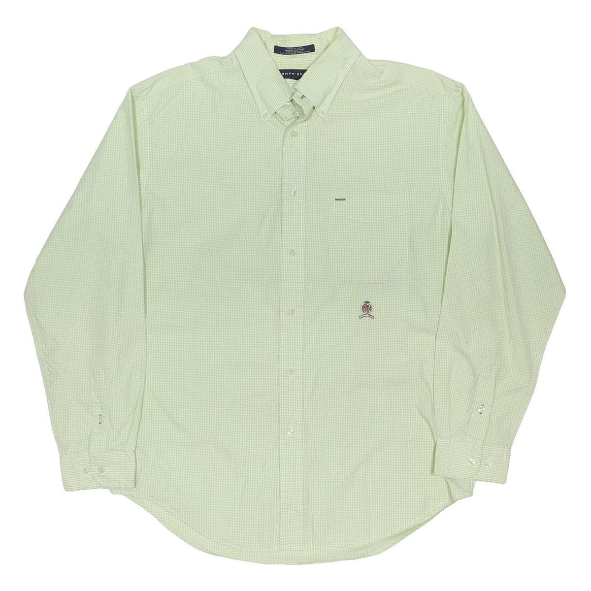 TOMMY HILFIGER Mens Green & White Shirt L Cotton Blend Button Down Collar Long