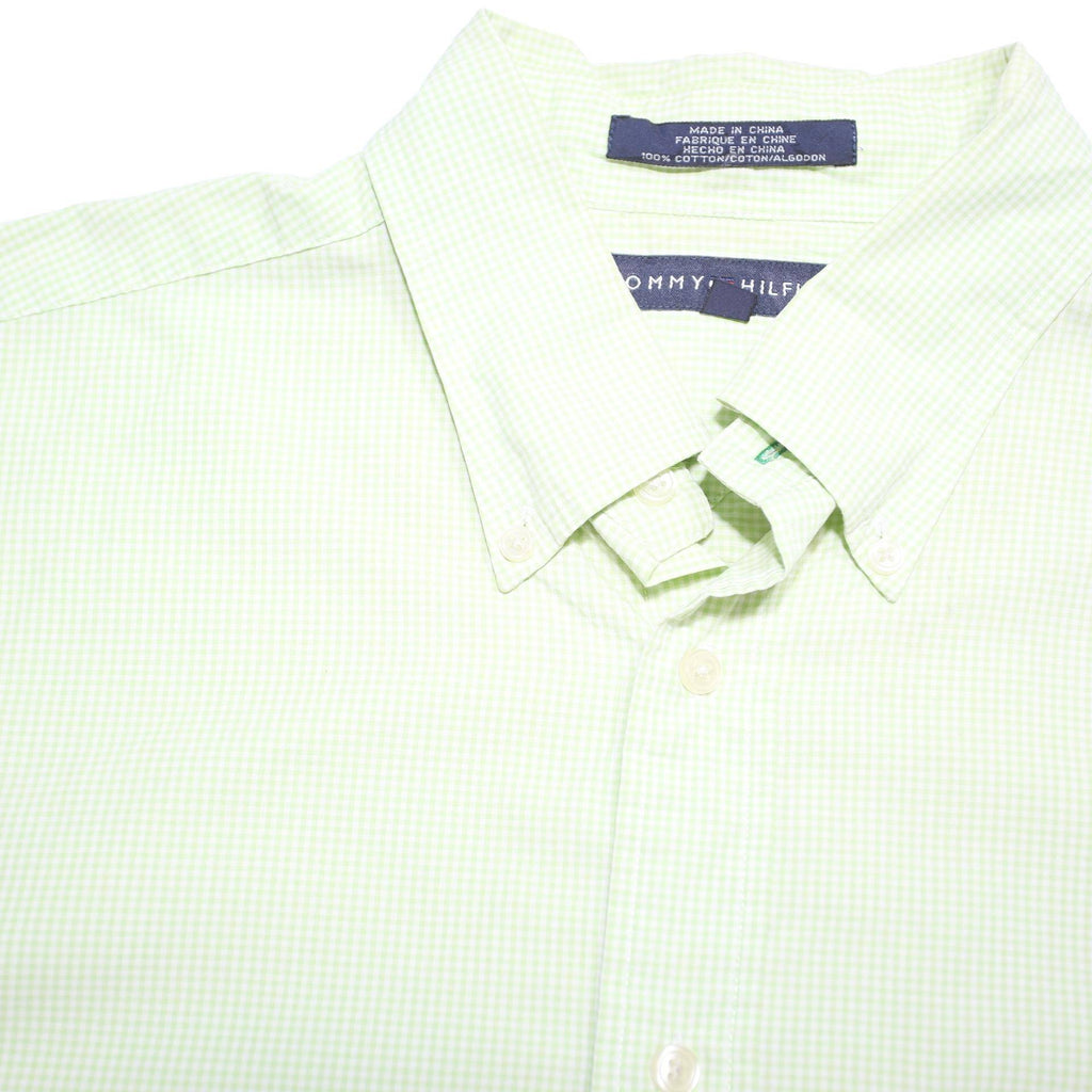 TOMMY HILFIGER Mens Green & White Shirt L Cotton Blend Button Down Collar Long