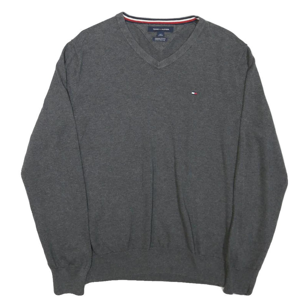 TOMMY HILFIGER Mens Grey Jumper Plain V-Neck Basic Knit L Classic Cotton Blend