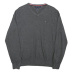 TOMMY HILFIGER Mens Grey Jumper Plain V-Neck Basic Knit L Classic Cotton Blend