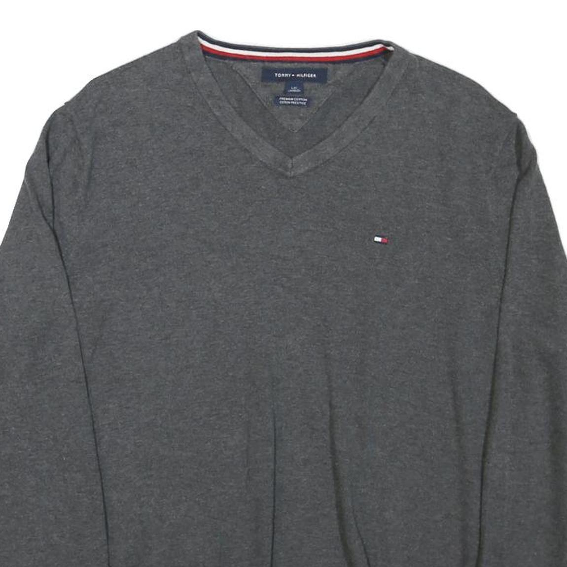 TOMMY HILFIGER Mens Grey Jumper Plain V-Neck Basic Knit L Classic Cotton Blend