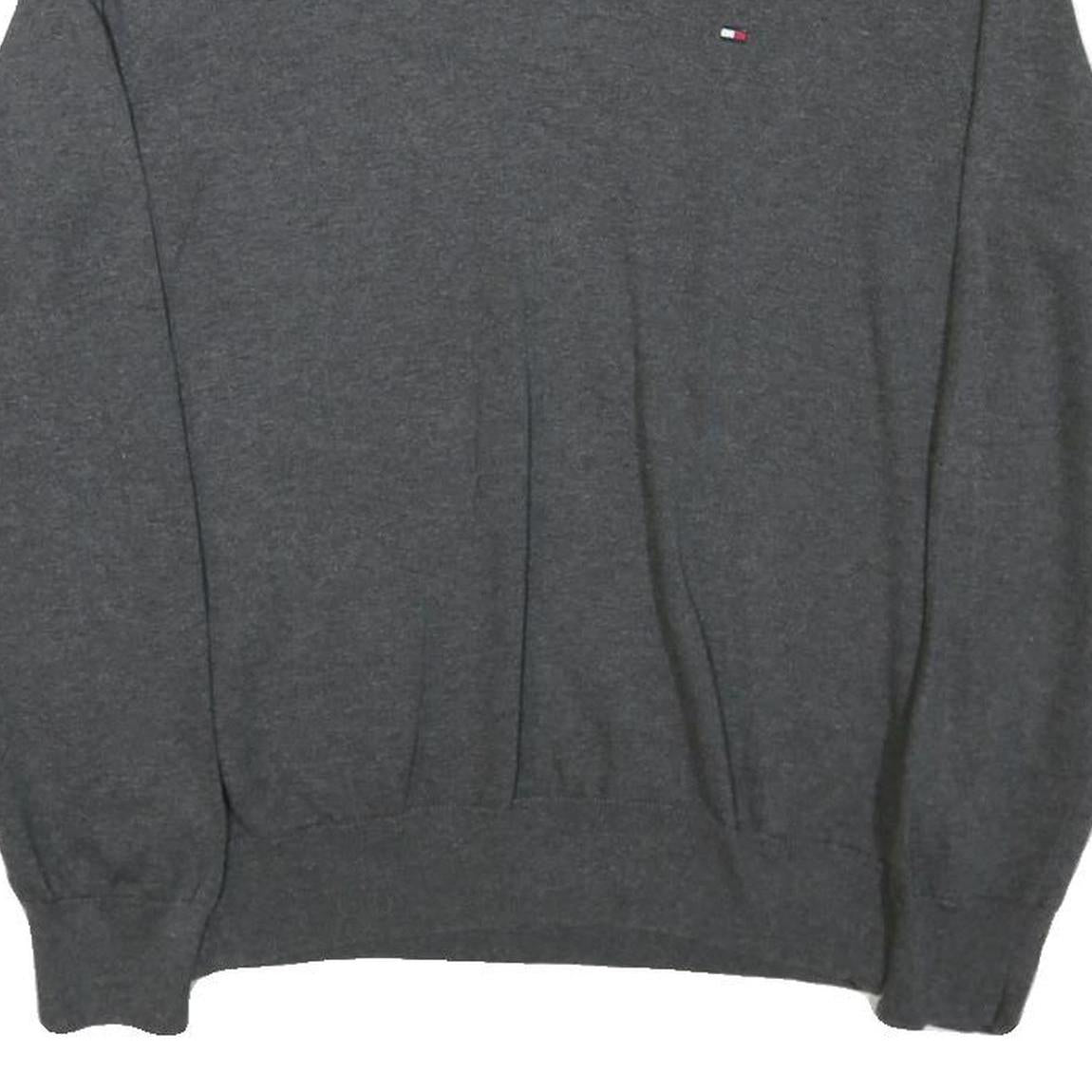 TOMMY HILFIGER Mens Grey Jumper Plain V-Neck Basic Knit L Classic Cotton Blend